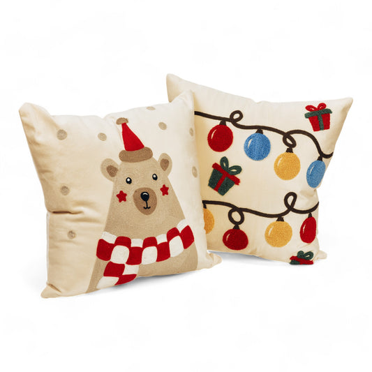 Set 2 Cojines Navideños - Oso y Bombillas